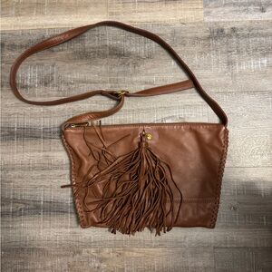 HOBO The Original Brown Leather Fringe Tassel Foldover Crossbody Bag Boho